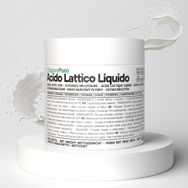 Additivo alimentare acido lattico liquido SaporePuro in bottiglia, usato come conservante e regolatore di pH in cucina.