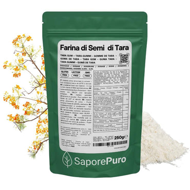 Farina di Semi di Tara e gomma di Tara SaporePuro, origine Perù, confezionata in Italia, naturale e biologica, per cucina e pasticceria.