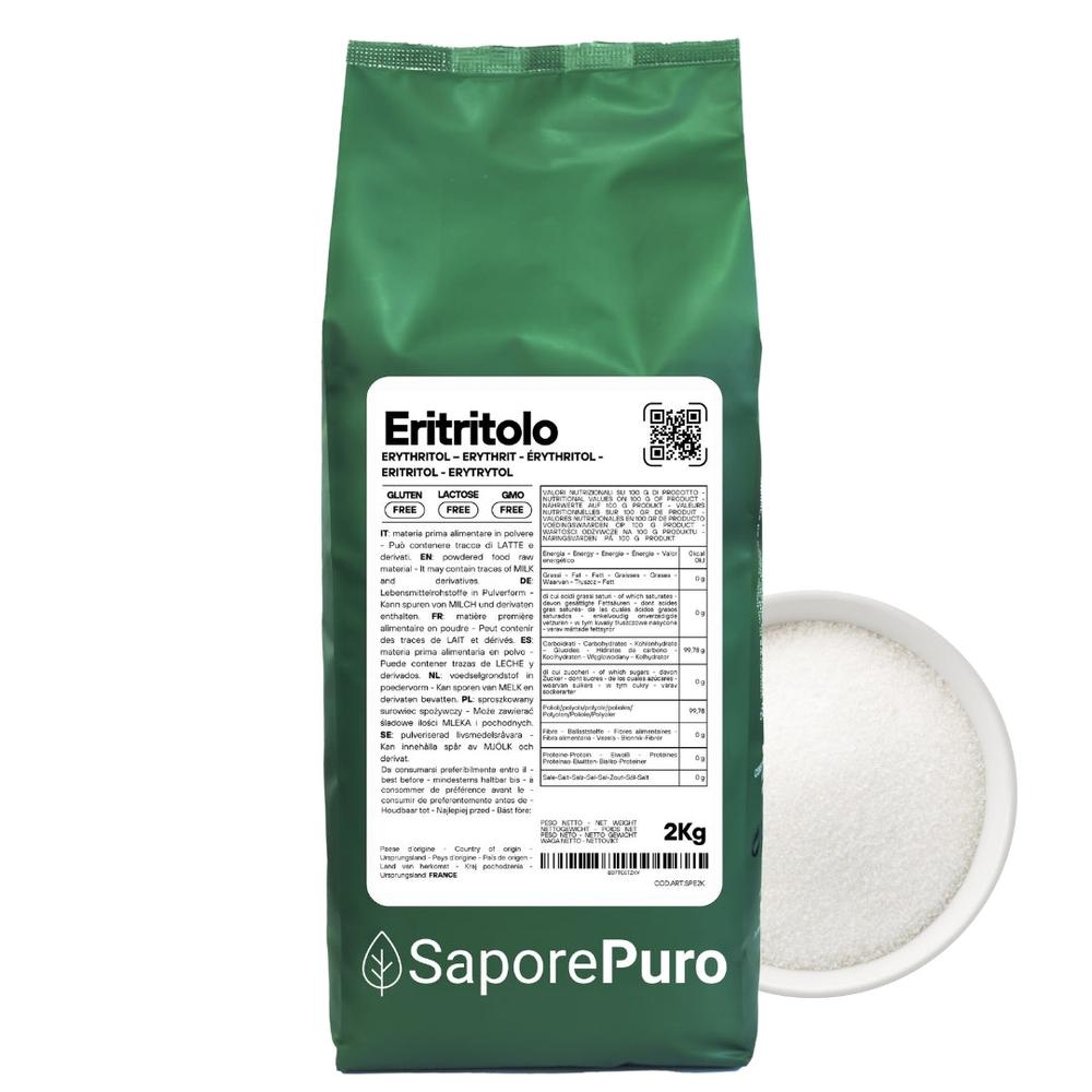 SaporePuro eritritolo naturale zucchero dolcificante zero calorie, origin Francia, in confezione per dolci e bevande.