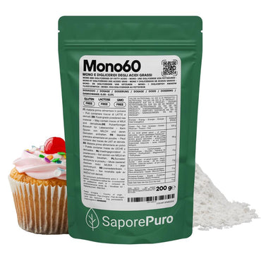 Emulsione Mono60 E471 di SaporePuro, additivo alimentare di alta qualità per gelati, pasticceria e panificazione, prodotto in Europa