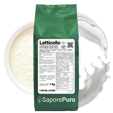 Polvere di latticello e siero di latte in polvere SaporePuro, contenitore con lattine di prodotti caseari naturali.