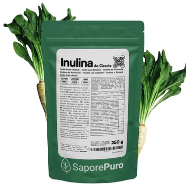 Inulina in polvere pura SaporePuro, ingrediente naturale per cucina e forno, 250 grammi, vista della confezione e polvere bianca