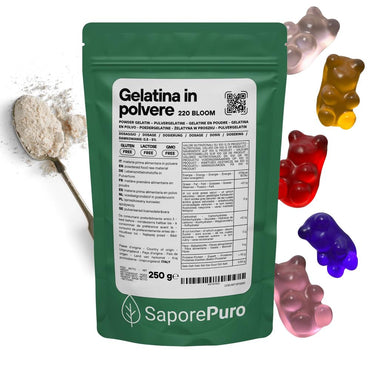 Gelatina istantanea SaporePuro, 200-220 Bloom, ingredienti per cucina e forno, in confezione con polvere brillante.