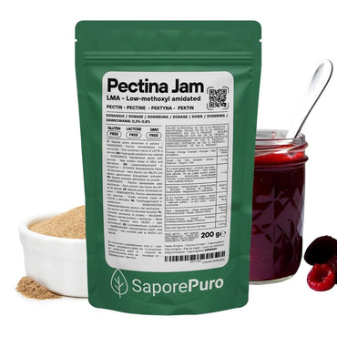 Gelatina Pectina Jam SaporePuro in confezione con frutta e barattolo, ideale per marmellate e gelatine fatte in casa.