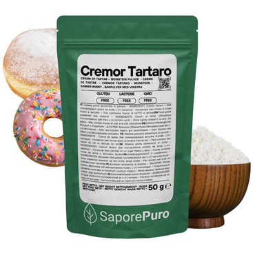 Lievito in polvere Cremor Tartaro E336i di SaporePuro, agente lievitante e stabilizzante per dolci e prodotti da forno.