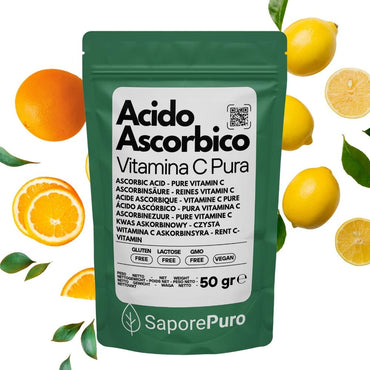 Vitamina C pura SaporePuro in confezione da Italia, acido ascorbico per ricette e integratori, nutriente essenziale naturale.