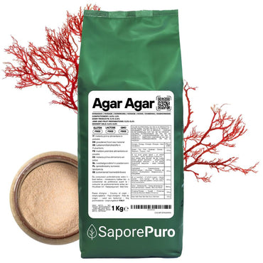 Agar agar SaporePuro, gelificante naturale di origine italiana, in confezione con polvere bianca per cucina vegana e dolci.