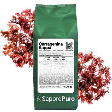 Carragenina Kappa (E407) SaporePuro in confezione, ingrediente naturale usato come addensante, visibile nella confezione.