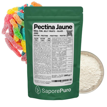 Pectina gialla SaporePuro, gelatina di frutta e marmellate, in confezione da prodotto alimentare naturale e spessore.