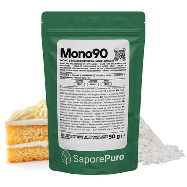 Emulsionante Mono90 di SaporePuro, Mono e Digliceridi degli Acidi Grassi E471, in confezione bianca con etichetta.