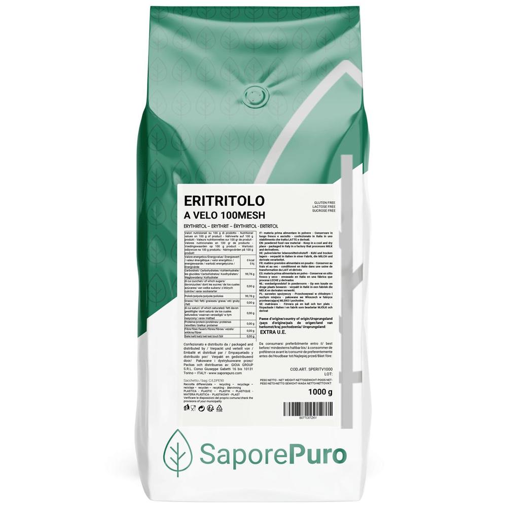 Eritritolo a velo SaporePuro, dolcificante 0 kcal, 1kg, zucchero e dolcificanti, fine granulometria 100 mesh in sacchetto.