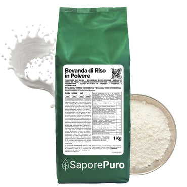 Bevanda di riso in polvere SaporePuro, 1kg, senza glutine e vegana, immagine di una confezione di bevanda di avena in polvere