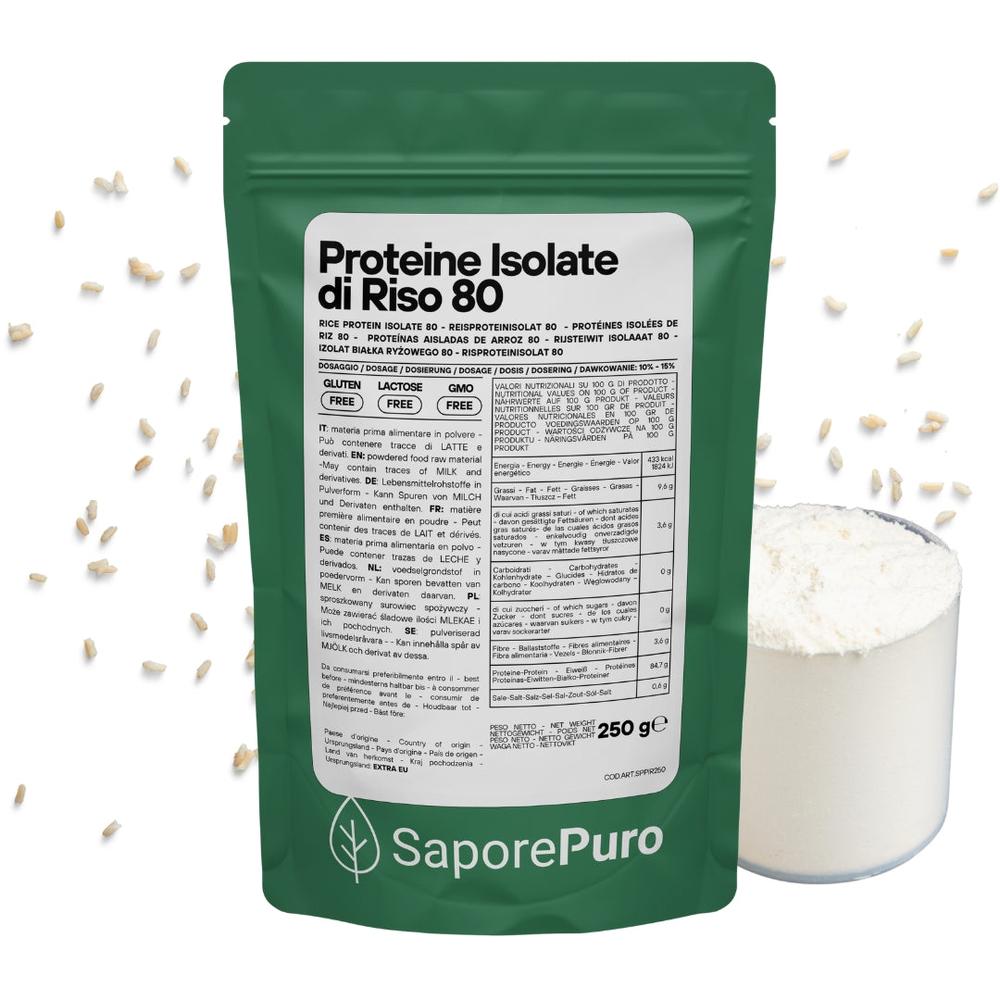 Polvere di proteine isolate di riso SaporePuro in sacchetto da 250g, vista della confezione bianca con etichetta verde.