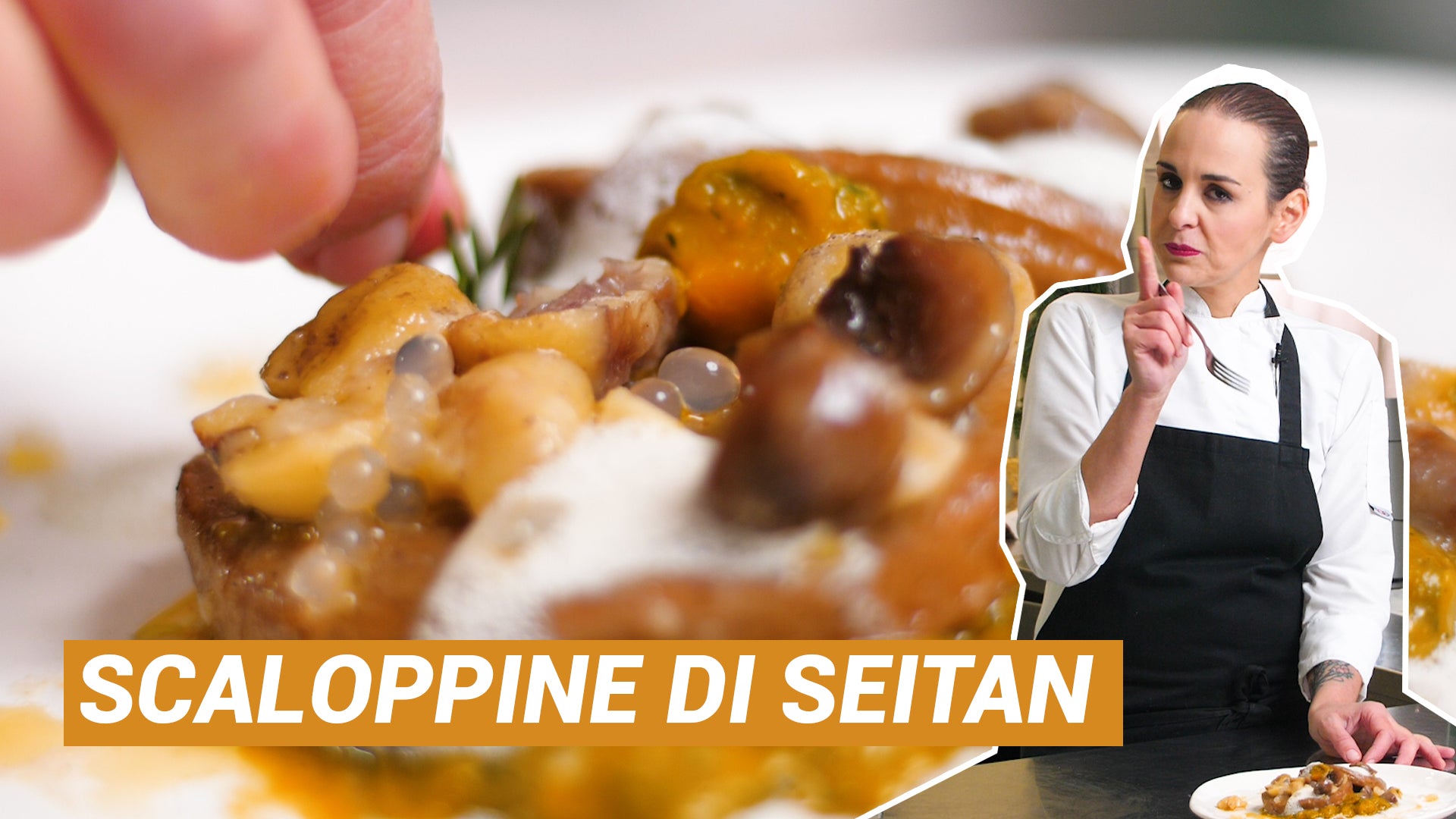 Gennaio Vegano! Ricetta facile e veloce di Scaloppine di Seitan e zucca con aria e sferificazione di Rosmarino.