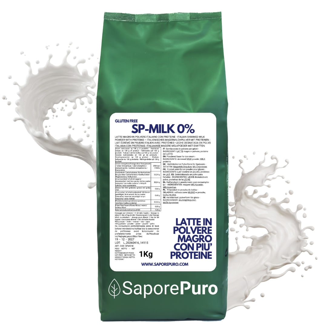 Latte magro in polvere SaporePuro con alto contenuto proteico, ideale per gelati, pasticceria e altri usi in cucina.