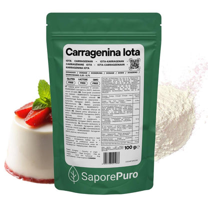 Carragenina Iota E407 da SaporePuro, gelificante elastico in emulsione, visibile in un contenitore con liquido bianco.