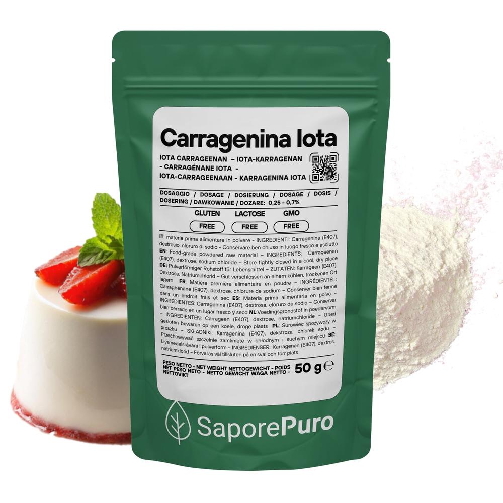Carragenina Iota E407, gelificante elastico in emulsione, confezione di SaporePuro, con polvere bianca finemente dispersa