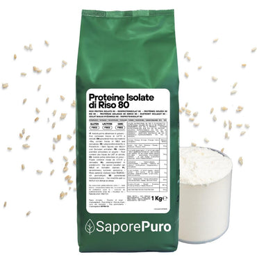 Polvere di proteine isolate di riso SaporePuro, confezione da 80g, vista in primo piano su sfondo neutro.