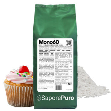 Emulsionante Mono60 E471 di SaporePuro, additivo alimentare per gelati, pasticceria e panificazione, in confezione da cucina.