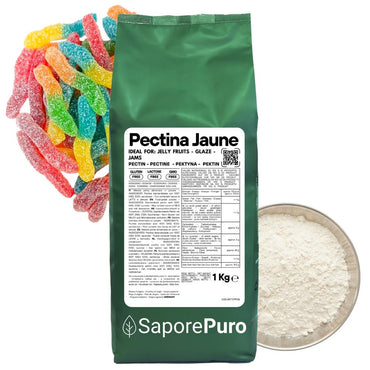 Pectina gialla SaporePuro, gelatina di frutta e marmellate, in confezione con etichetta gialla e dettagli del prodotto