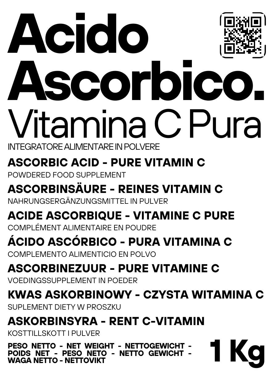 Vitamina C pura Acido Ascorbico SaporePuro in confezione, polvere bianca per ricette e integratori, prodotto naturale italiano.