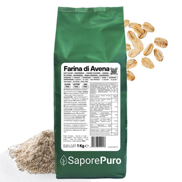 Farina di avena senza glutine SaporePuro in confezione da 1kg, dettaglio del sacchetto di farina di avena naturale