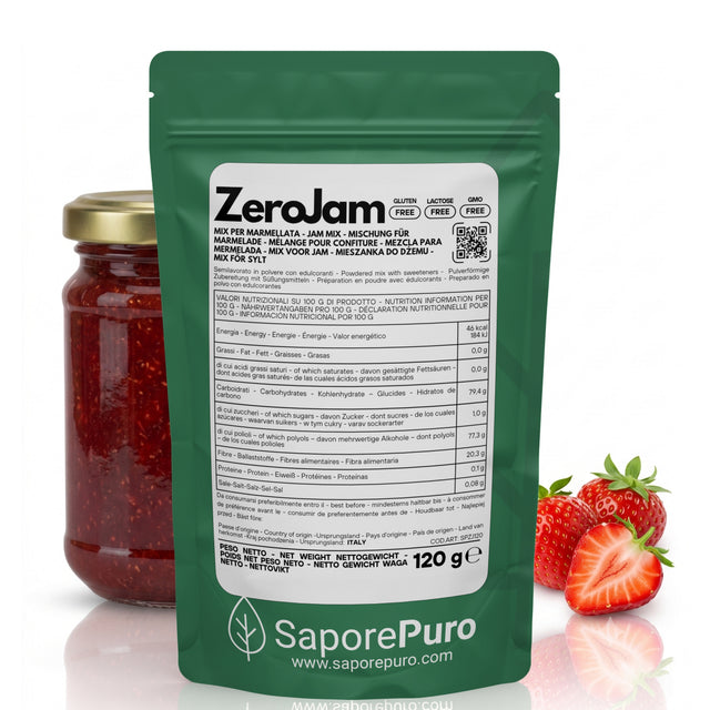 Preparato per dolci ZeroJam di SaporePuro, mix per marmellata senza zuccheri aggiunti, confezione con ingredienti naturali.