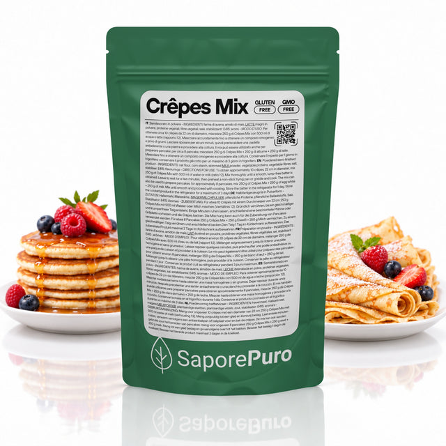 Misce di preparati per dolci senza glutine SaporePuro, confezione di mix per crêpes con ingredienti naturali.