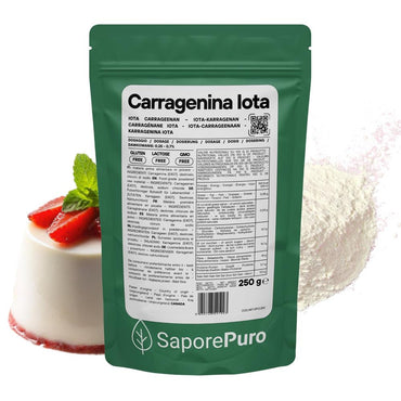 Carragenina Iota E407, gelificante elastico in emulsione, confezione di SaporePuro, con etichetta e contenitore visibile.