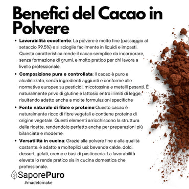 Cacao in Polvere 22-24% di Materia Grassa - Origine Olanda - Gusto deciso e sapore intenso - SaporePuro