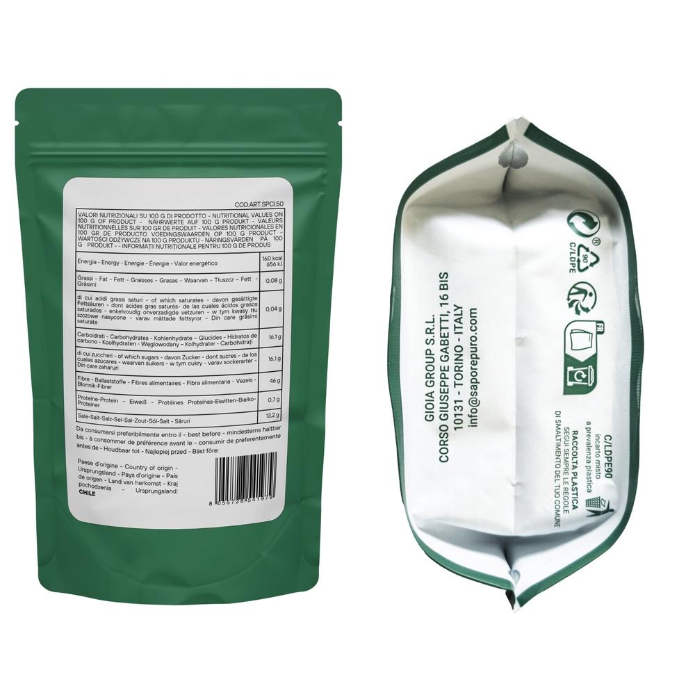 Carragenina Iota E407, gelificante elastico in emulsione, confezione con etichetta SaporePuro, polvere bianca per alimenti.