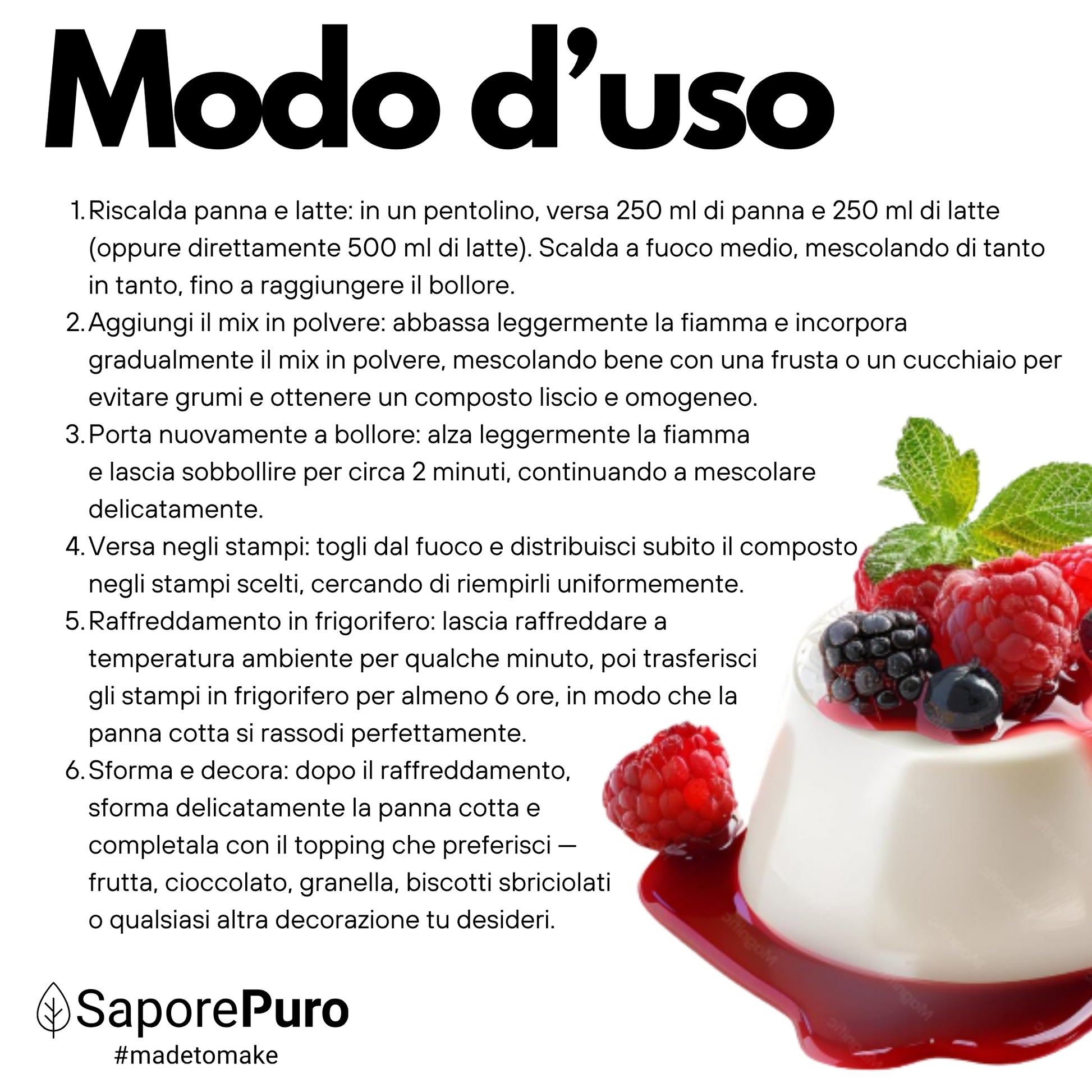 Preparato per dolci Panna Cotta Mix SaporePuro in polvere, confezione con esempio di panna cotta pronta e decorata.