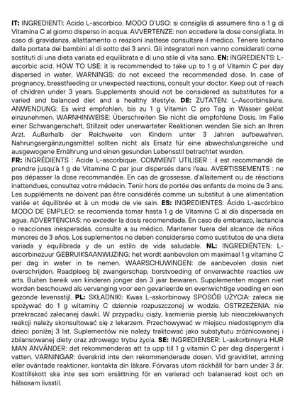 SaporePuro Vitamina C acido ascorbico, pure vitamin C powder in a clear container, Italian packaging, essential nutrient for recipes.