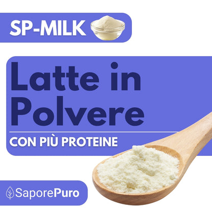 Latte magro in polvere DELATTOSATO con più proteine, prodotto SaporePuro, ideale come sostituto del latte in polvere per gelati.
