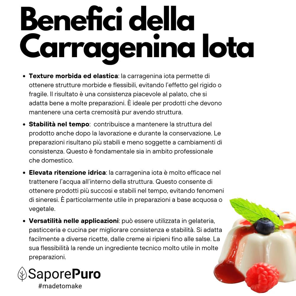 Carragenina Iota E407 come gelificante elastico, emulsione bianca in confezione, prodotto da SaporePuro.