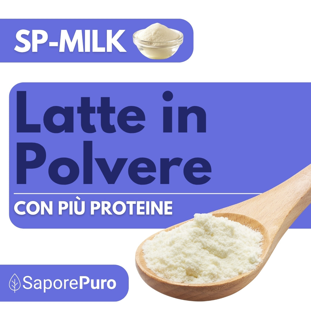 Polvere di latte magro SaporePuro con più proteine, ideale per gelati, pasticceria e altri usi, vista in un contenitore.