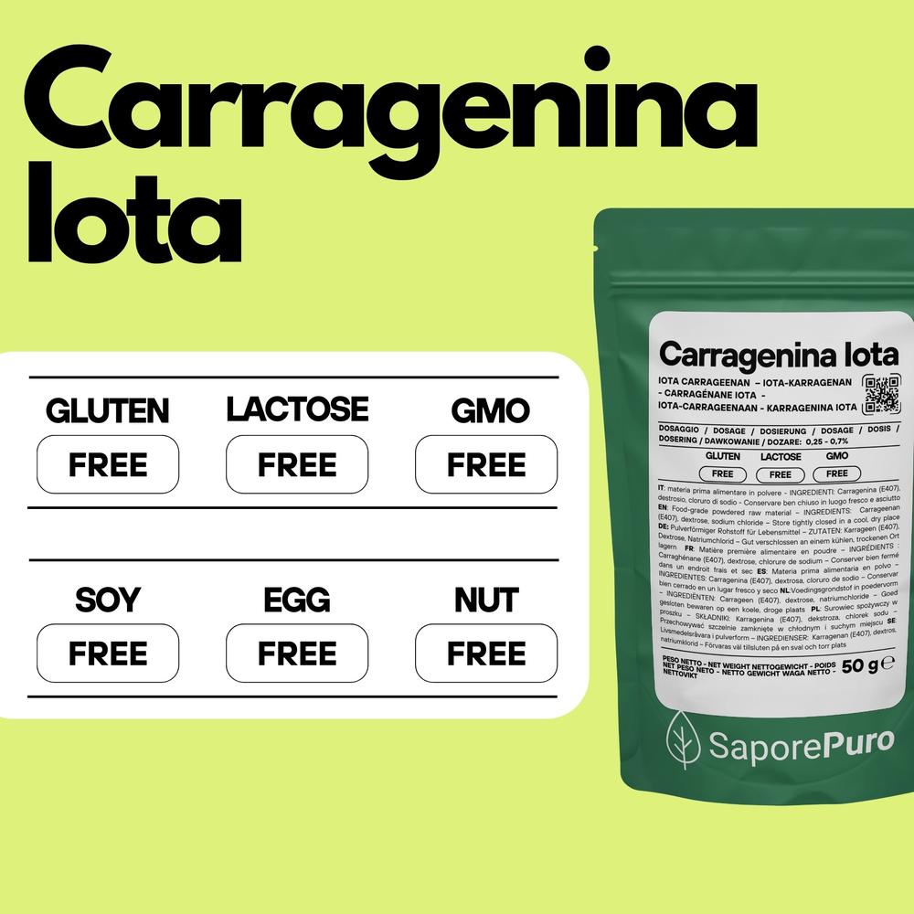 Carragenina Iota E407 come gelificante elastico, emulsione bianca in confezione, utilizzata in alimenti e gelificanti.
