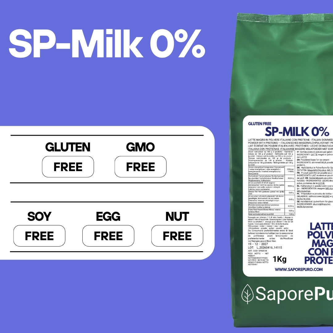 Latte magro in polvere SaporePuro con proteine, ideale per gelati, pasticceria e usi alimentari, in confezione da laboratorio