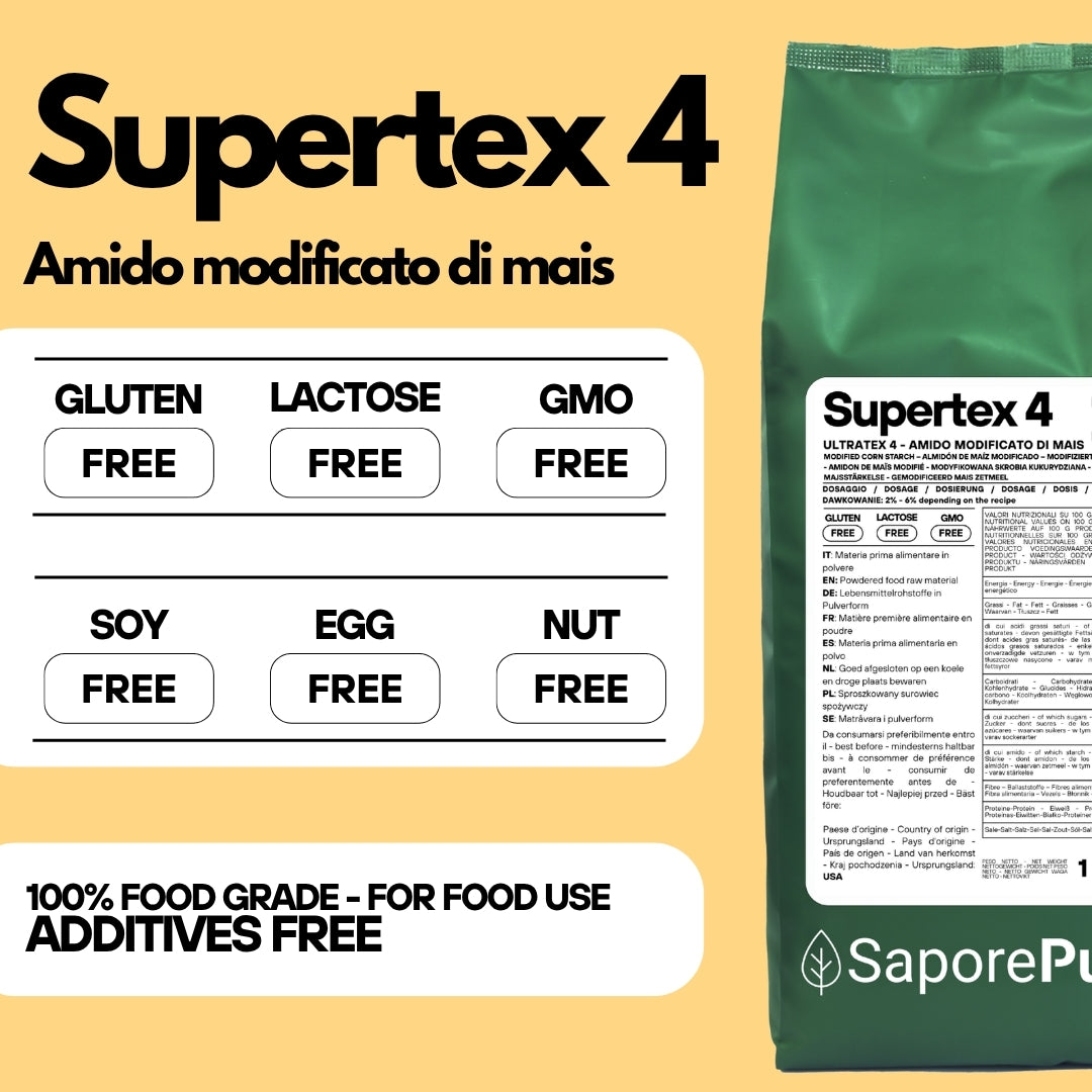Amido alimentare modificato da mais SUPERTEX 4 di SaporePuro, ideale per usi a freddo, confezione con prodotto in polvere bianca