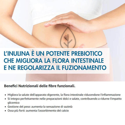 Inulina a catena lunga in polvere pura SaporePuro, origine Europa, confezione da 150g, vista del prodotto in polvere bianca