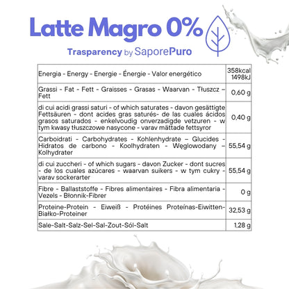 Latte magro in polvere SaporePuro con alto contenuto di proteine, ideale per gelati, pasticceria e altri usi culinari.