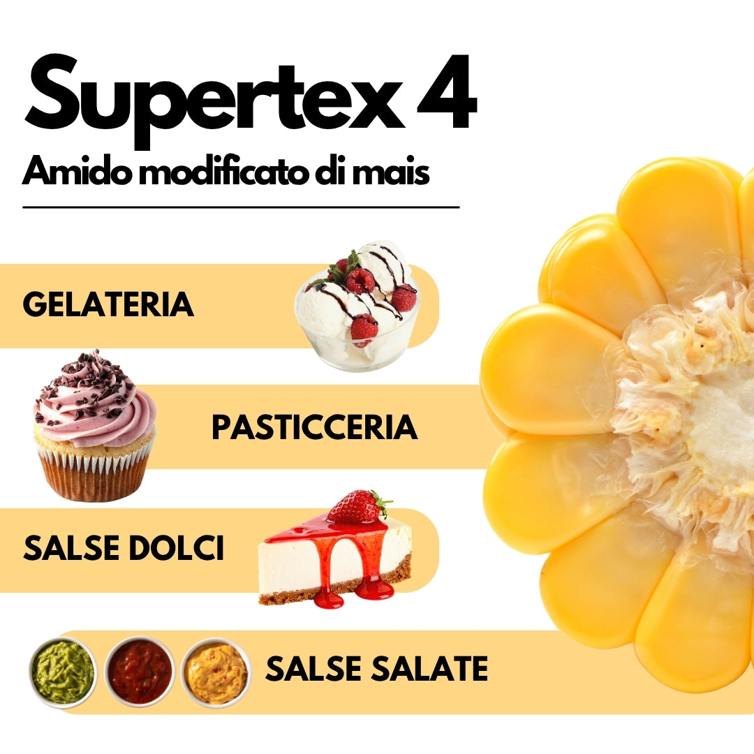 Amido alimentare pregelatinizzato SUPERTEX 4 di SaporePuro, modificato da mais, per uso a freddo in cucina.
