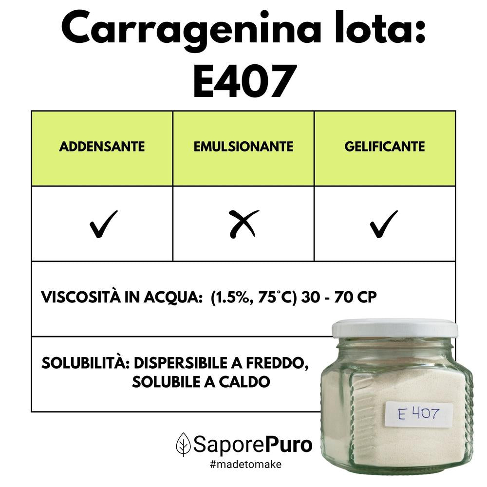 Carragenina Iota E407, gelificante elastico in confezione con emulsificante, prodotto naturale di SaporePuro.