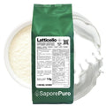 Polvere di latticello e siero di latte in polvere SaporePuro, contenitore con lattine di prodotti caseari naturali.
