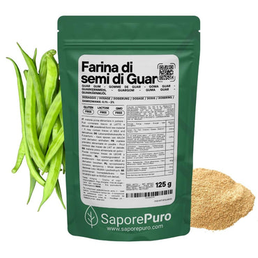 Farina di semi di Guar (E412) SaporePuro, ingrediente per cucina e forno, origine India, confezionata in Italia, in sacchetto.