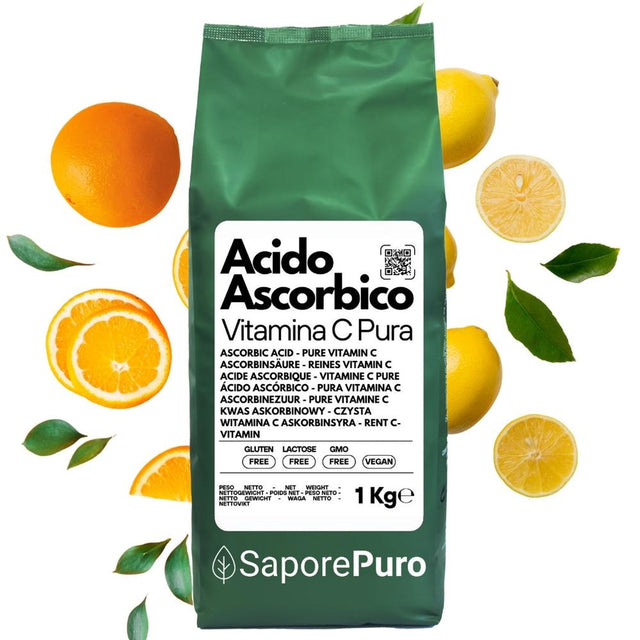 Vitamina C pura SaporePuro in confezione, acido ascorbico essenziale per ricette e integratori, prodotto in Italia.