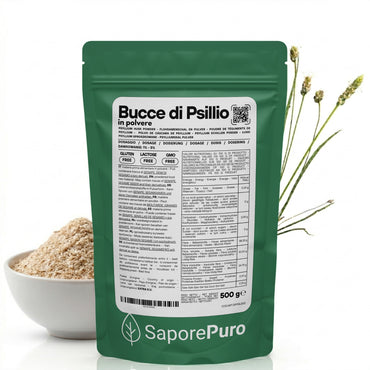 Polvere di buccia di psillio SaporePuro, fibra naturale di psillio in forma polverizzata, ideale per integratori e ricette salutari