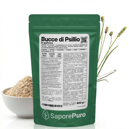 Polvere di buccia di psillio SaporePuro, fibra naturale di psillio in forma polverizzata, ideale per integratori e ricette salutari