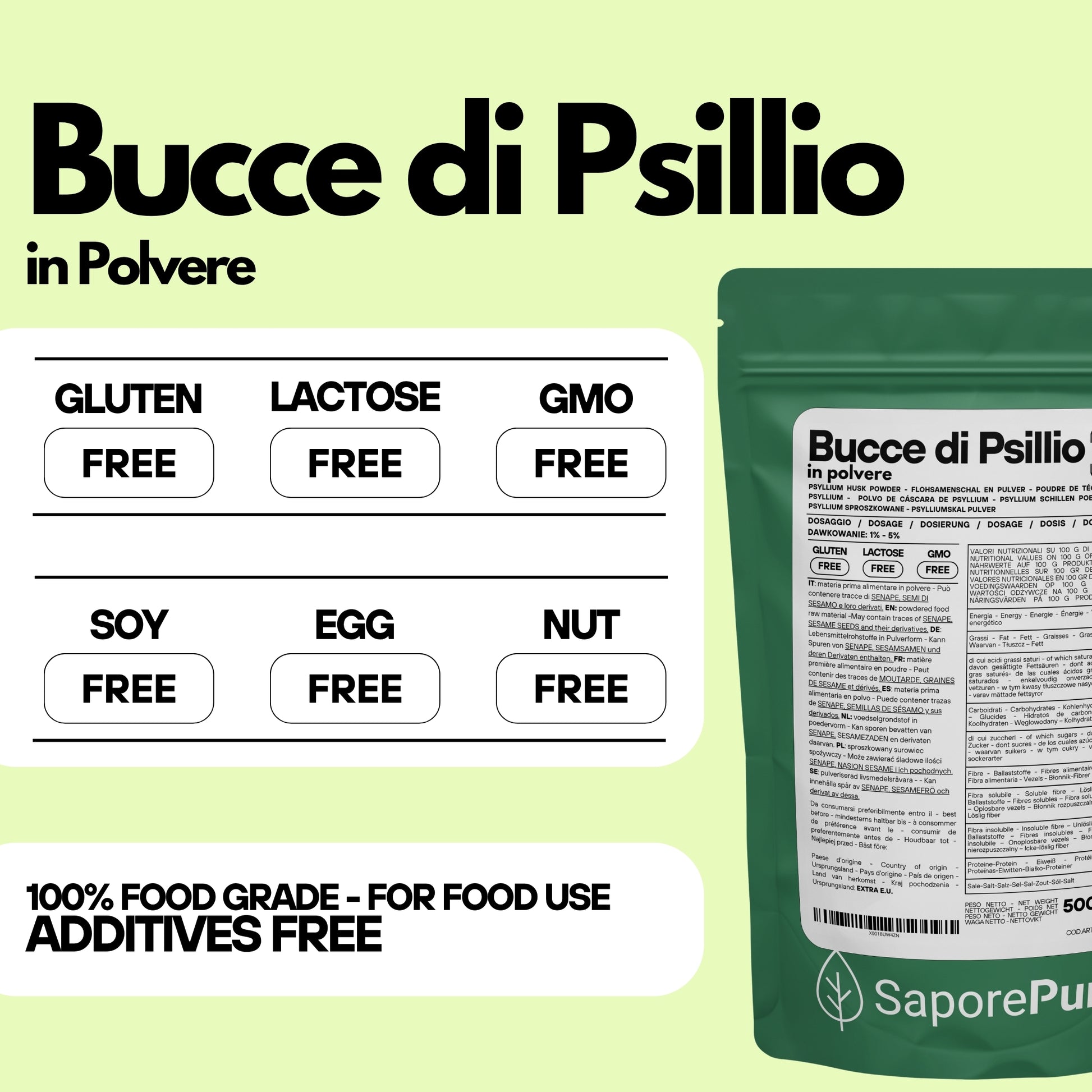 Polvere di bucce di psillio SaporePuro, fibra naturale per integratori alimentari, in confezione con etichetta e misurino.