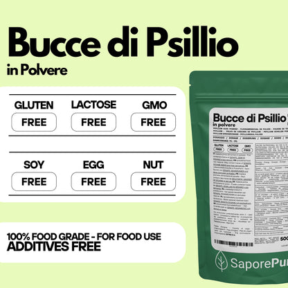 Polvere di bucce di psillio SaporePuro, fibra naturale per integratori alimentari, in confezione con etichetta e misurino.